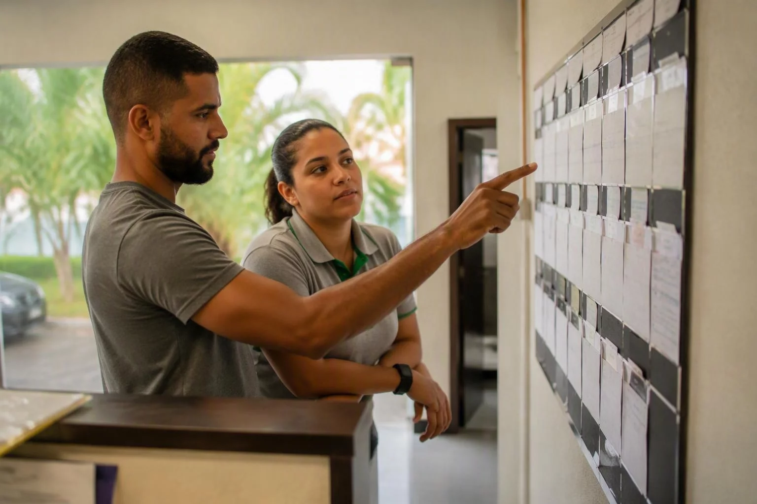 Duas pessoas conferindo o quadro de ordens abertas na recepção