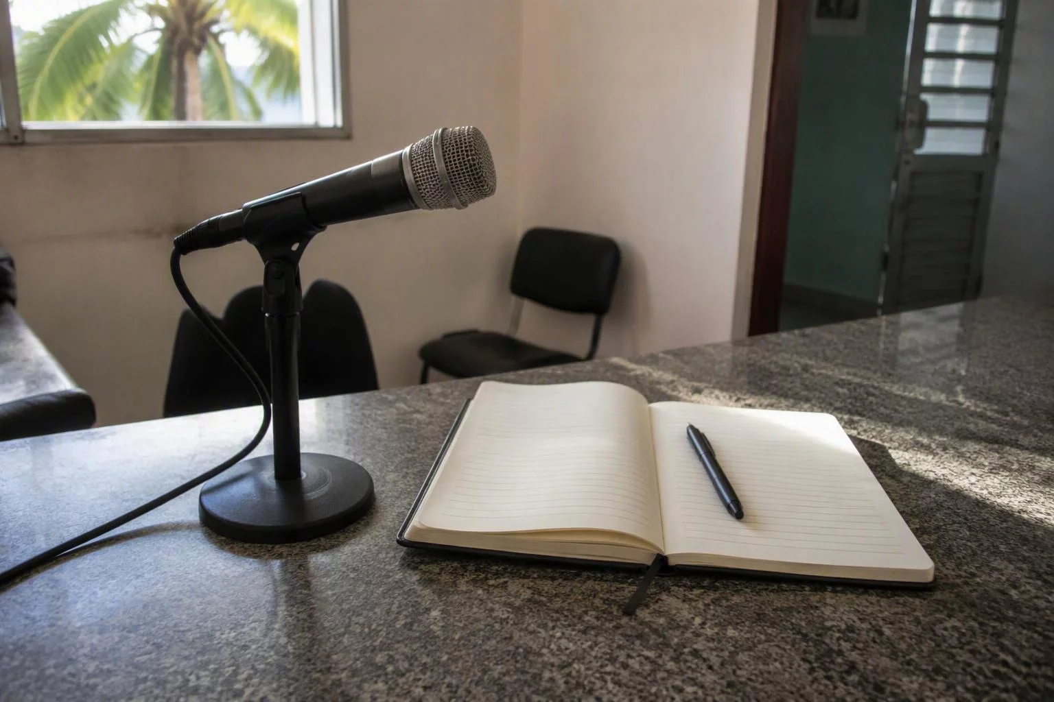 Microfone de mesa ao lado do caderno de entrevistas